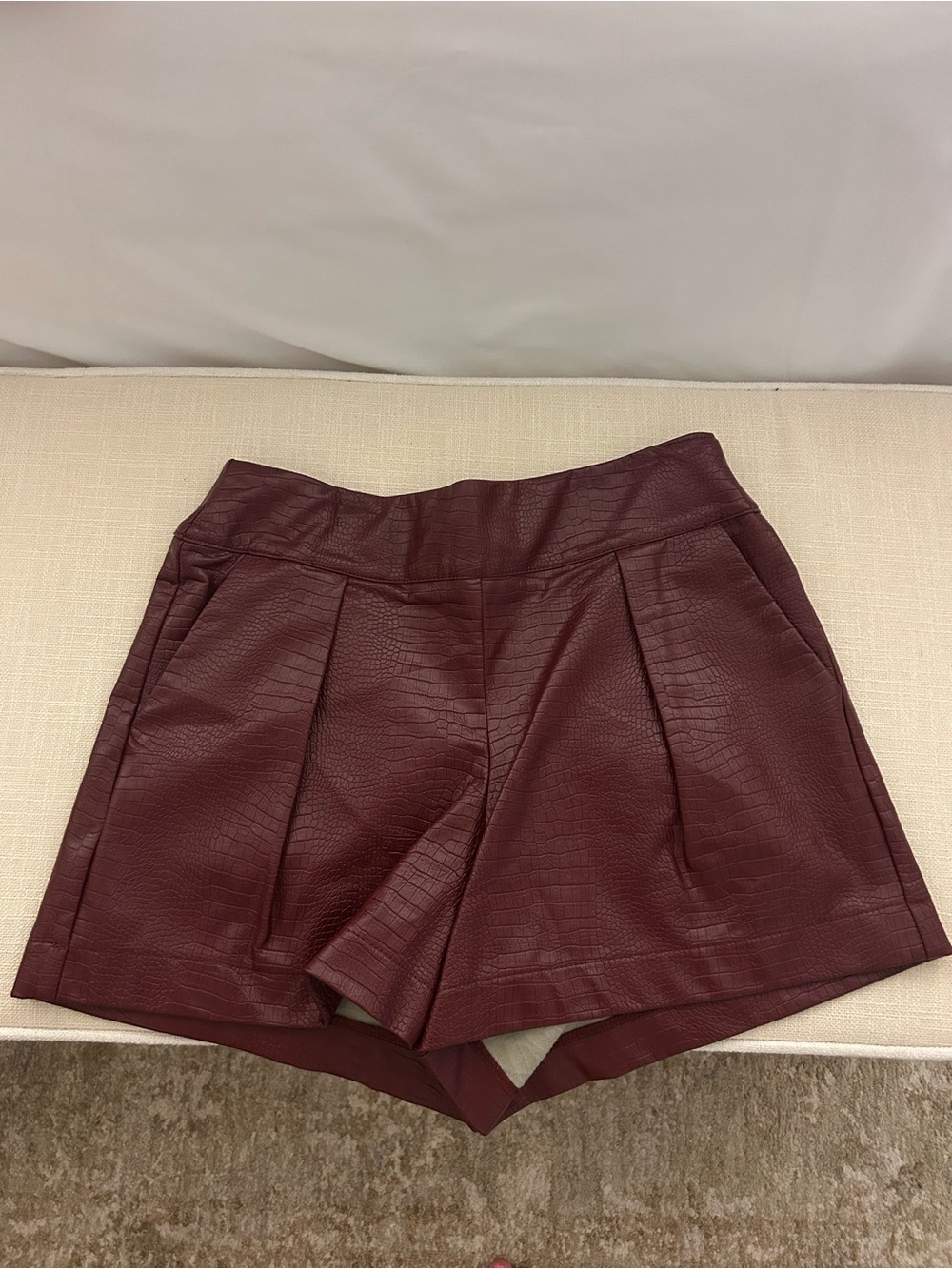 glam High Waist Faux Leather Pleated Shorts - Burgundy